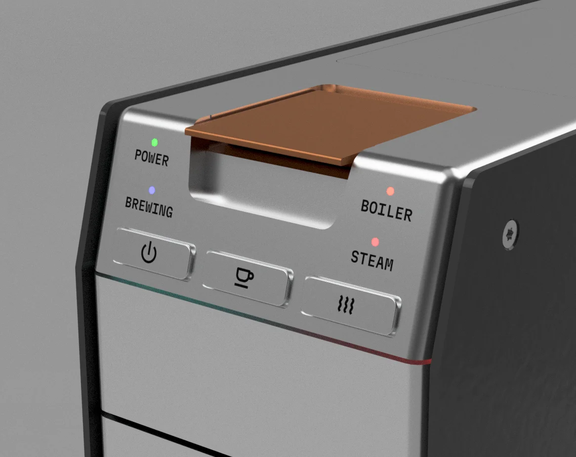 VOLTA control panel: power, brewing, boiler and steam indicators above three buttons